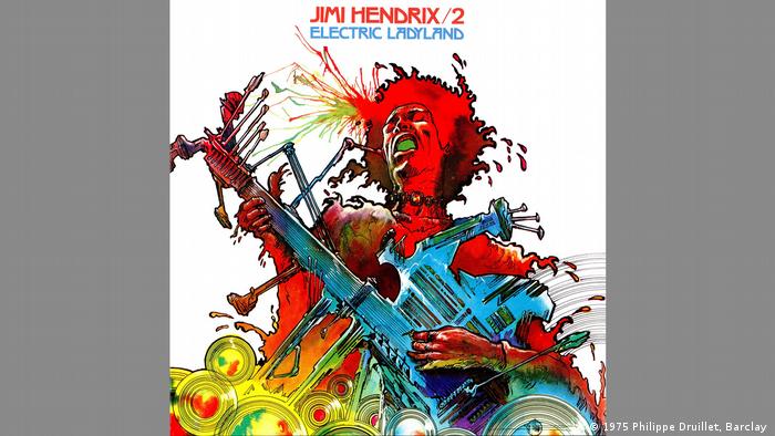 Album cover Jimi Hendrix , man playing a guitar in bold colors 