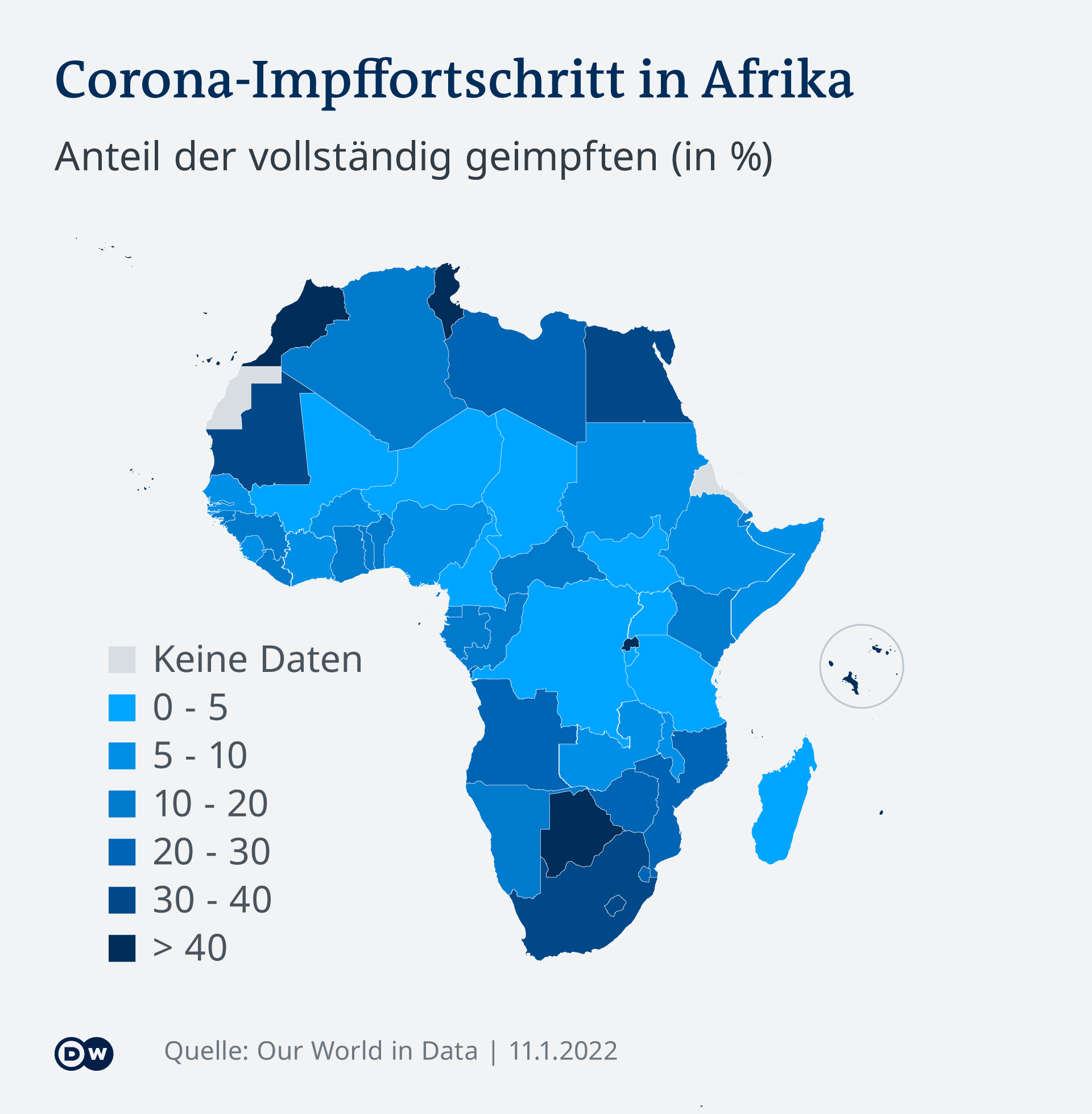 Afrički kontinent obojan u nijanse plave boje. Samo rijetke zemlje imaju stopu cijepljenja iznad 40 posto.