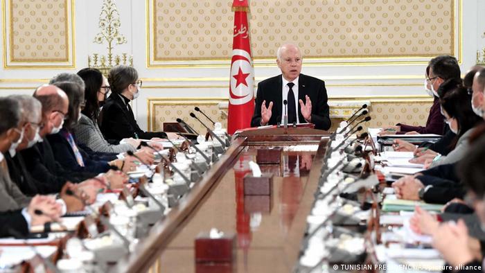 Tunisian President Kais Saied chairs the weekly cabinet meeting at the Carthage Palace in Tunis. 