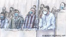 This court sketch created on January 6, 2022, shows co-defendants (from L) Osama Krayem, Mohamed Abrini, Mohamed Amri and Salah Abdeslam (R), the prime suspect in the attacks, during the trial the November 13, 2015 Paris and Saint-Denis attacks, taking place in a temporary courtroom set up at the Palais de Justice courthouse in Paris. - The marathon trial of November 2015 Paris attack suspects which was suspended on January 4, over the health of Salah Abdeslam, has been postponed again, to January 11, pending a second medical examination of the main accused, who is still positive for Covid-19. (Photo by Benoit PEYRUCQ / AFP) / ----IMAGE RESTRICTED TO EDITORIAL USE - STRICTLY NO COMMERCIAL USE-----