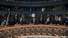 6739324 12.01.2022 NATO Secretary General Jens Stoltenberg, centre, attends the Russia - NATO talks in Brussels, Belgium. Alexey Vitvitsky / Sputnik