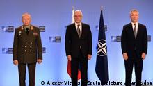 6739262 12.01.2022 Russian Deputy Defence Minister Alexander Fomin, Russian Deputy Foreign Minister Alexander Grushko and NATO Secretary General Jens Stoltenberg attend a photographing ceremony before the Russia - NATO talks in Brussels, Belgium. Alexey Vitvitsky / Sputnik