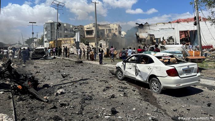 A general view shows the scene of an explosion in the Hamarweyne district of Mogadishu