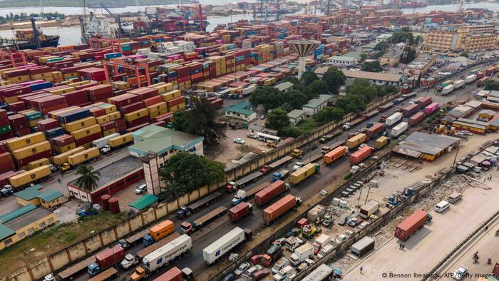 An aerial view of trucks waiting to enter Nigeri's port in Apapa