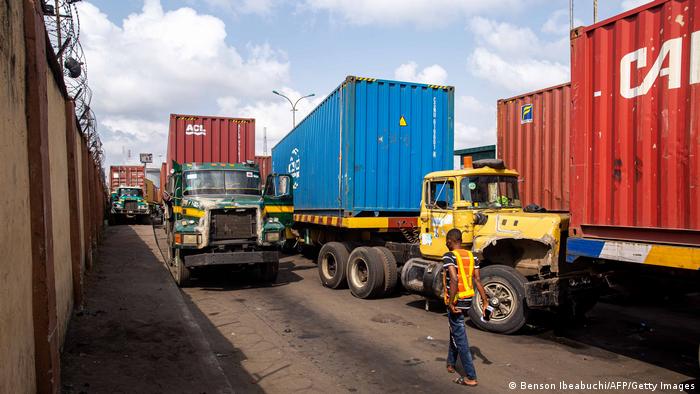 Trucks parked on the road side waiting to get access into Tincan port in Apapa, Lagos, on January 11, 2021