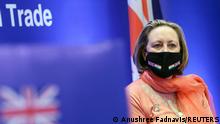 British Secretary of State for International Trade Anne-Marie Trevelyan speaks to the media during the launch of free trade agreement (FTA) negotiations between the United Kingdom and India during an event at a hotel in New Delhi, India, January 13, 2022. REUTERS/Anushree Fadnavis