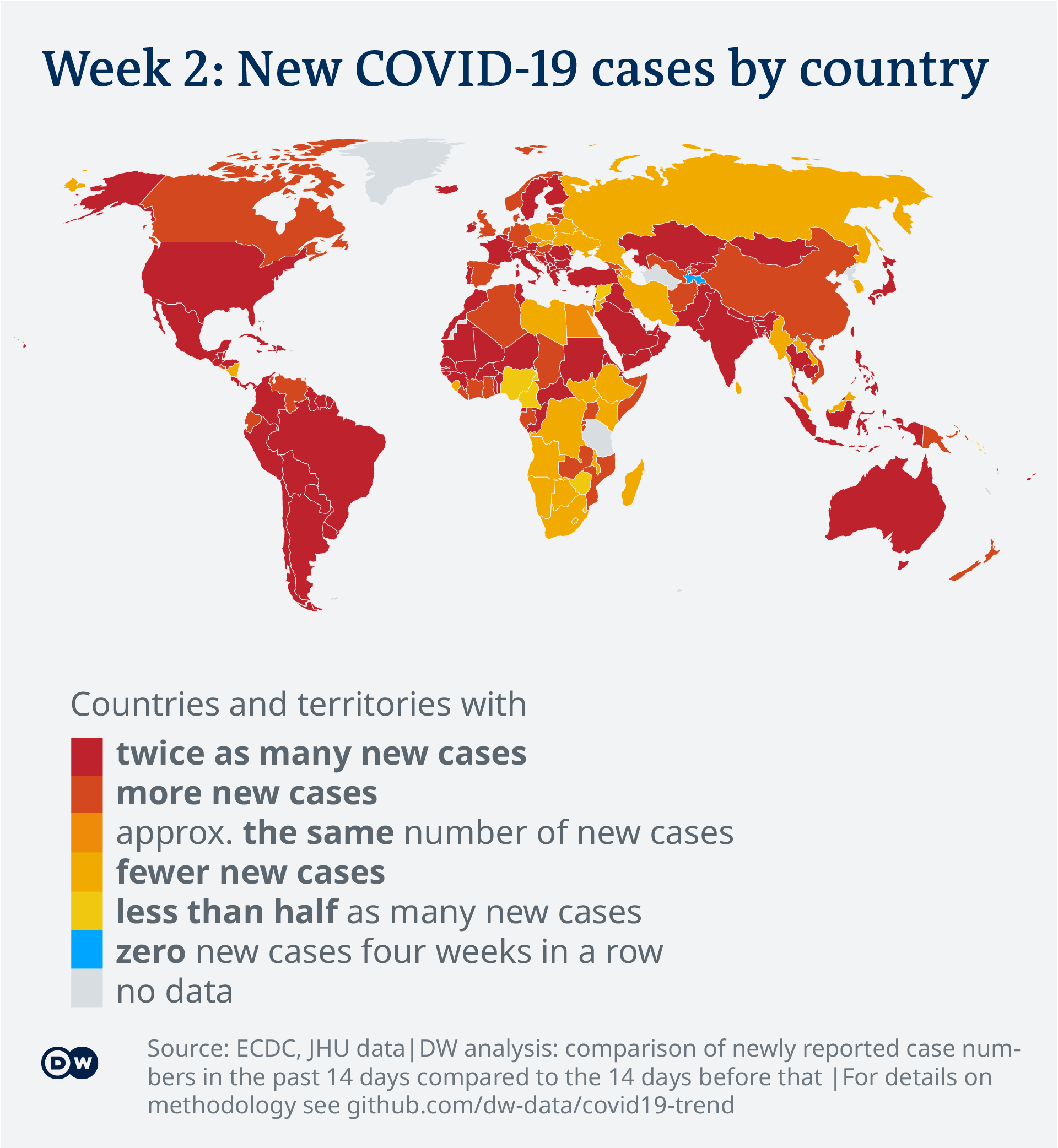 Data visualization: COVID-19 global new case numbers trend - map calendar week 2, 2022