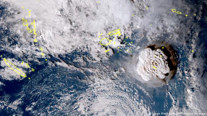 A satellite image taken by a Japanese weather satellite showing an undersea volcano eruption at the Pacific nation of Tonga