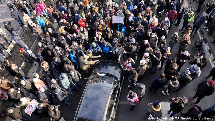Environmental demonstrators block a Belgrade highway in January 2022