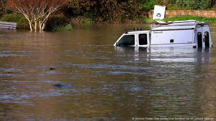 A half submerged truck