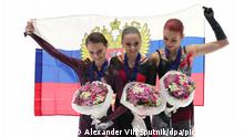 6742530 15.01.2022 From left, silver medalist Russia's Anna Shcherbakova, gold medalist Russia's Kamila Valieva and bronze medalist Russia's Alexandra Trusova pose during an award ceremony for the women's competition during the European Figure Skating Championships at Tondiraba Ice Hall in Tallinn, Estonia. Alexander Vilf / Sputnik