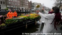 15.01.2022
A woman catches a free bouquet of tulips in Amsterdam, Netherlands, Saturday, Jan. 15, 2022. Stores across the Netherlands cautiously re-opened after weeks of coronavirus lockdown, and the Dutch capital's mood was further lightened by dashes of color in the form of thousands of free bunches of tulips handed out by growers sailing with a boat through the canals. (AP Photo/Peter Dejong)