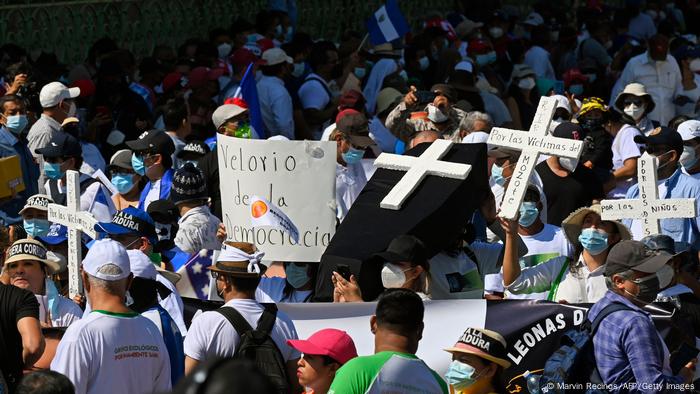 Foto de personas que participan en una marcha antigubernamental en El Salvador