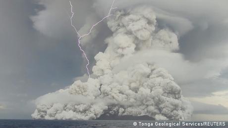 An eruption occurs at the underwater volcano Hunga Tonga-Hunga Ha'apai off Tonga, January 14, 2022