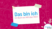 Das Bild zeigt den Schriftzug Das bin ich – Ein Buch von MIR über MICH auf einem weißen Hintergrund