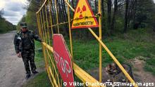 A checkpoint at an entrance to the village of Tulgovichi, Khoiniksky District, with a red stop sign and a radiation warning sign