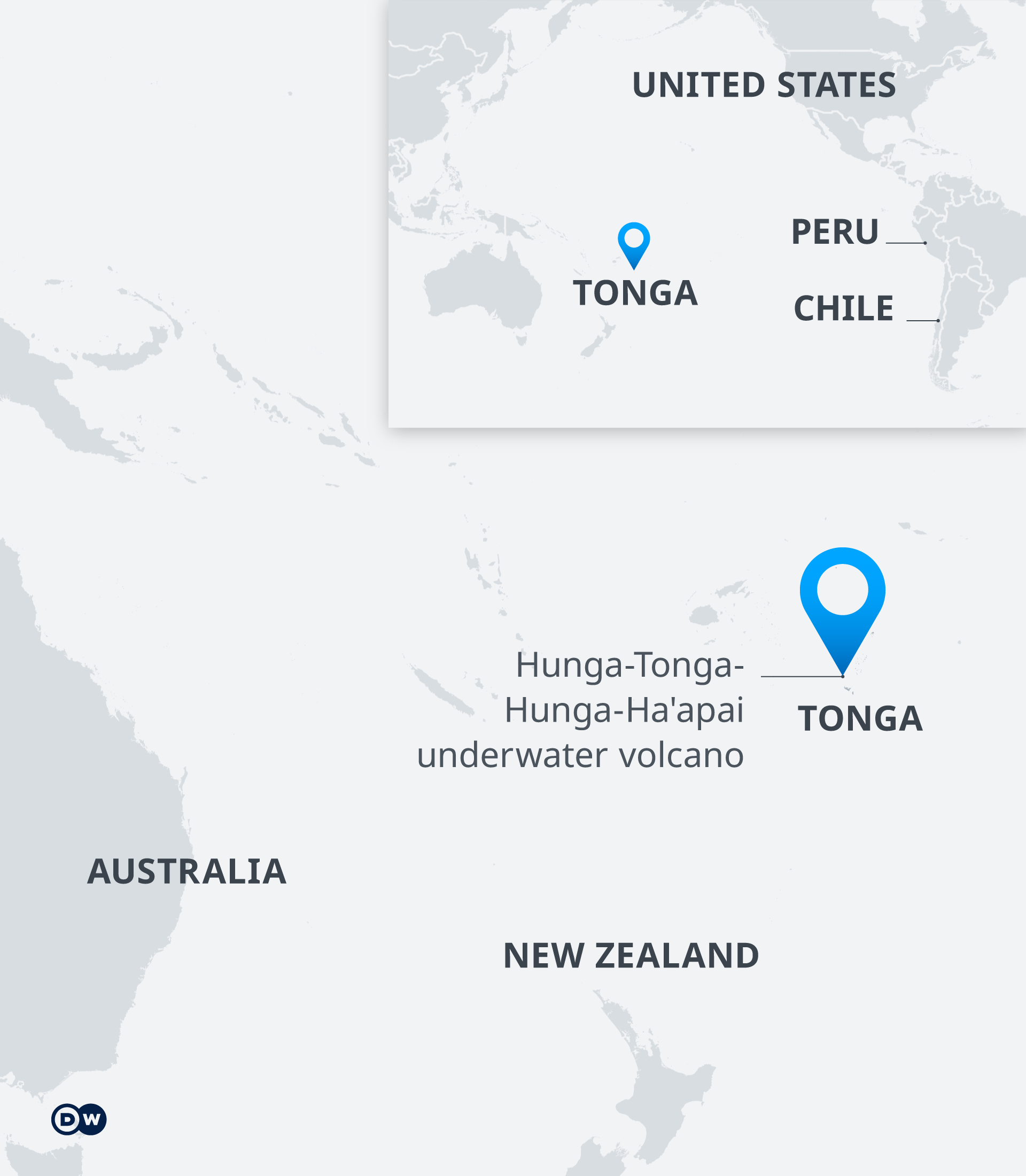 A map of Tonga and areas affected by a volcanic eruption