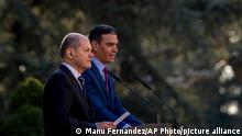 Spanish Prime Minister Pedro Sanchez, right, addresses the media next to German Chancellor Olaf Scholz after a meeting at the Moncloa palace in Madrid, Spain