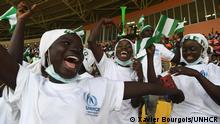Nigerian refugee girls football team from the Minawao Refugee Camp in northern Cameroon at the Africa Cup of Nations game between Nigeria and Sudan 