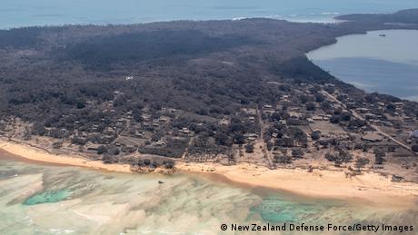 In this handout photo provided by the New Zealand Defense Force, an aerial view from a P-3K2 Orion surveillance flight of heavy ash fall on January 17, 2022 Nomuka, Tonga.