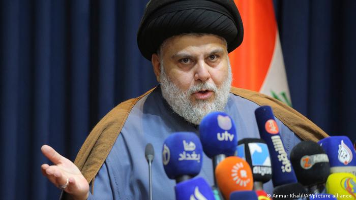 Shiite cleric Muqtada al-Sadr speaks during a press conference in Najaf, Iraq