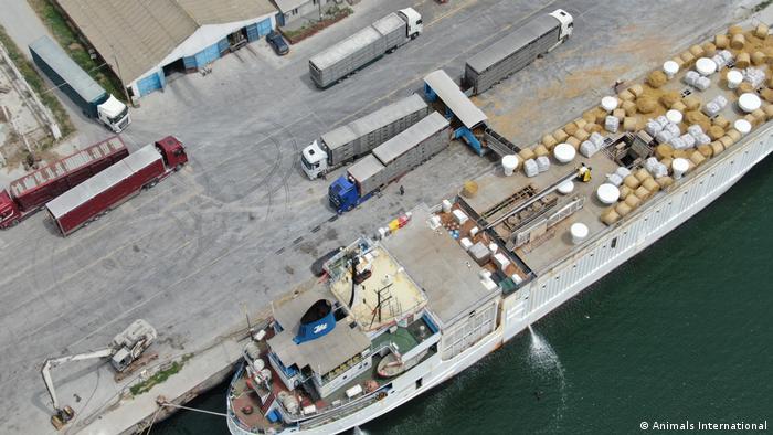 Aerial view of a transport ship in the Romanian port of Midia