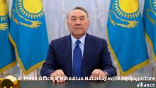 KAZAKHSTAN - JANUARY 18, 2022: Nursultan Nazarbayev, the first president of Kazakhstan, addresses the nation after the January 2022 protests. Protests sparked by rising fuel prices, began in the towns of Zhanaozen and Aktau in western Kazakhstan on January 2. Kazakhstan's President Tokayev asked the members of the Collective Security Treaty Organization (CSTO) for help. Press Office of Nursultan Nazarbayev/TASS