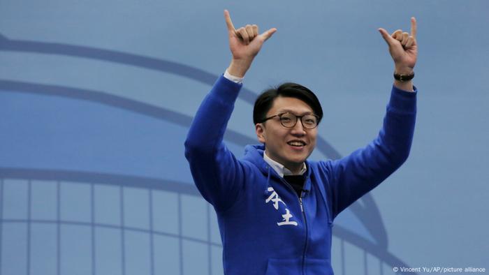 Edward Leung acknowledges supporters after vote counting results came out in Hong Kong on February 29, 2016.