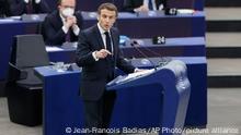 19.01.2022
French President Emmanuel Macron delivers a speech at the European Parliament Wednesday, Jan. 19, 2022 in Strasbourg, eastern France. (AP Photo/Jean-Francois Badias)