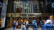 The main entrance of Trump Tower with the inscription on it an a US flag. Trump Tower in New York city in the USA. The 58-floor skyscraper at Fifth Avenue in Midtown Manhattan hosts the headquarters for Trump Organization and houses the penthouse condominium residence of US President Donald Trump, who is also a businessman and real estate developer. The building was designed by Der Scutt in modernism architecture with glass and stepped facade at the building, construction began in 1979 in NYC. New York, USA on February 2020 (Photo by Nicolas Economou/NurPhoto)
