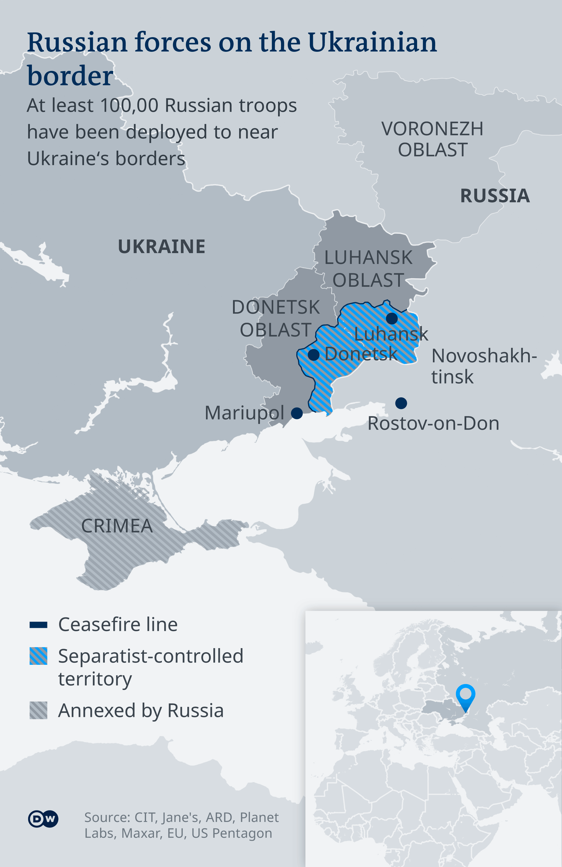 A map showing Ukraine, its rebel-controlled areas, and Russia