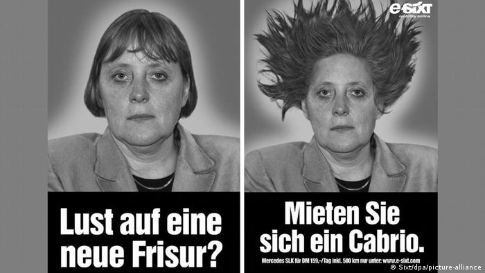Sixt-Werbung mit Angela Merkel, zwei Fotos: einmal mit glatten Haaren, einmal stehen die Haare zu Berge 