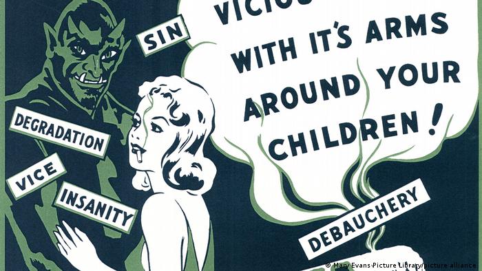 1930s poster with a white woman and a black devil, and the words sin, degradation, vice, insanity and debauchery in smoke clouds.