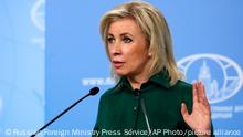 20.01.2022****In this photo released by the Russian Foreign Ministry Press Service, Russian Foreign Ministry spokeswoman Maria Zakharova gestures while speaking during the briefing about foreign policy in Moscow, Russia, Thursday, Jan. 20, 2022. (Russian Foreign Ministry Press Service via AP)