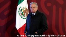 The President of Mexico, Andres Manuel Lopez Obrador, reappears in the daily morning briefing before the media, after being in treatment for testing positive for Covid-19, for the second time at National Palace. On January 17, 2022 in Mexico City, Mexico. (Photo by Luis Barron/Eyepix/NurPhoto)