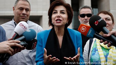 Journalist Sedef Kabas, speaks to the media after her trial in Istanbul, Turkey, in 2015