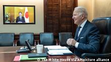 In this image provided by the White House, President Joe Biden meets virtually from the Situation Room at the White House with Japanese Prime Minister Fumio Kishida on Friday, Jan. 21, 2022, in Washington. (Adam Schultz/The White House via AP)