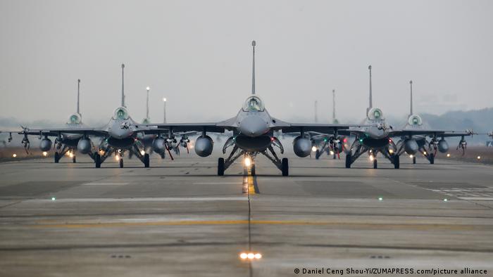 F-16V jet fighters are seen on the runway in Taipei, as the Taiwanese troops conduct a drill