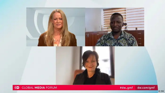 Host Karin Helmstaedt with film directors Kenneth Gyang and Sabine de Mardt (m).