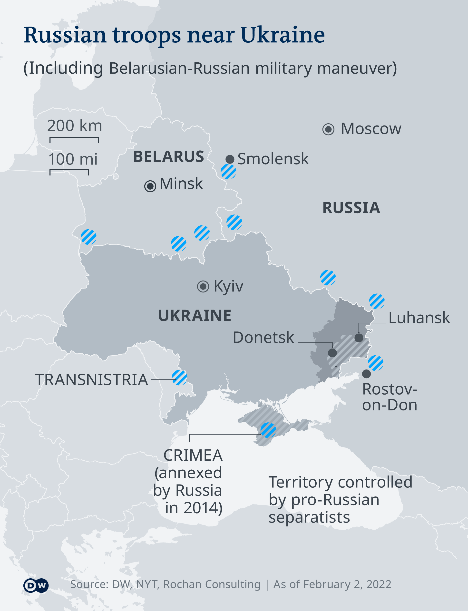  Графика, която демонстрира скупчването на съветски войски наоколо до Украйна 
