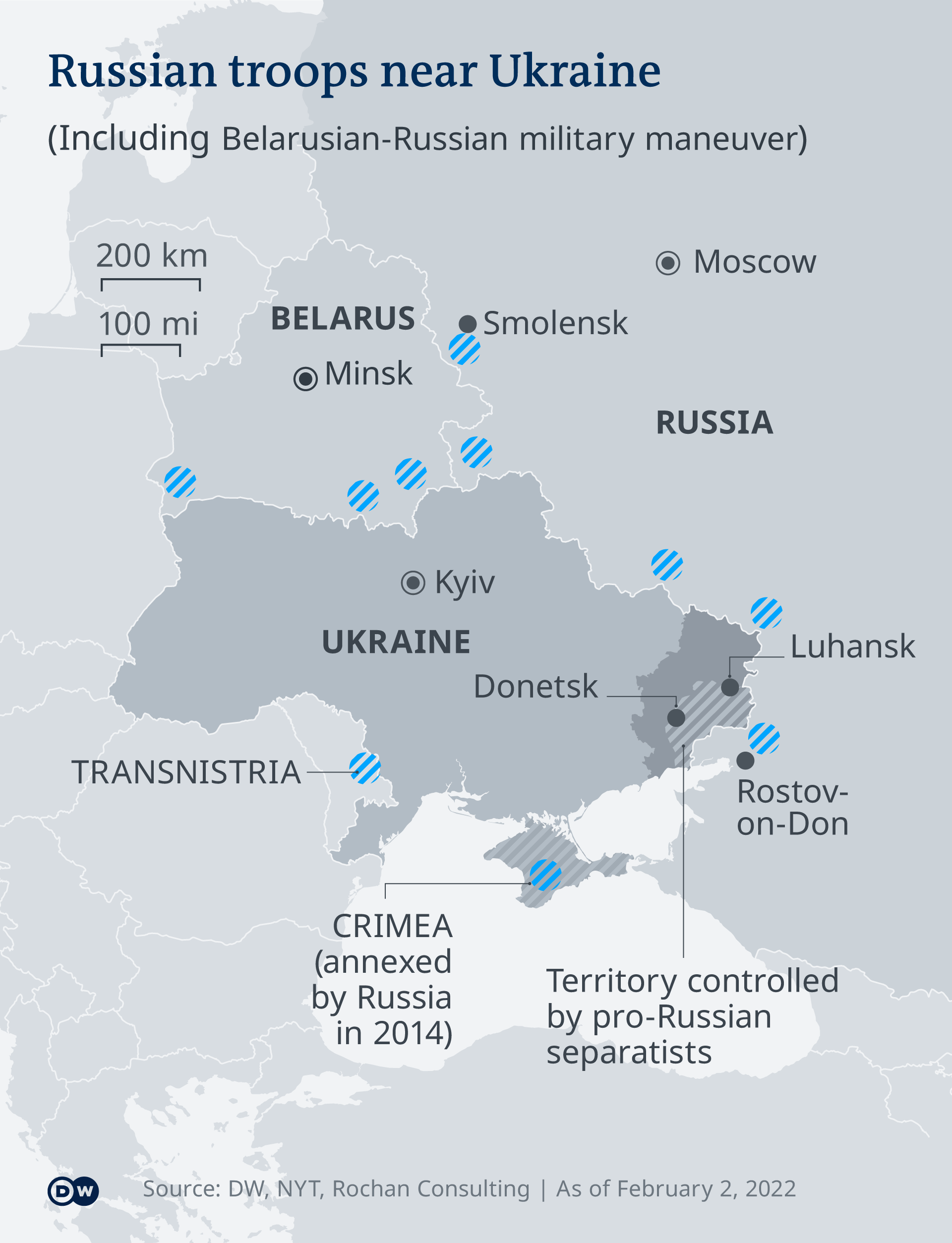 A map indicating the positions of Russian troops near Ukraine