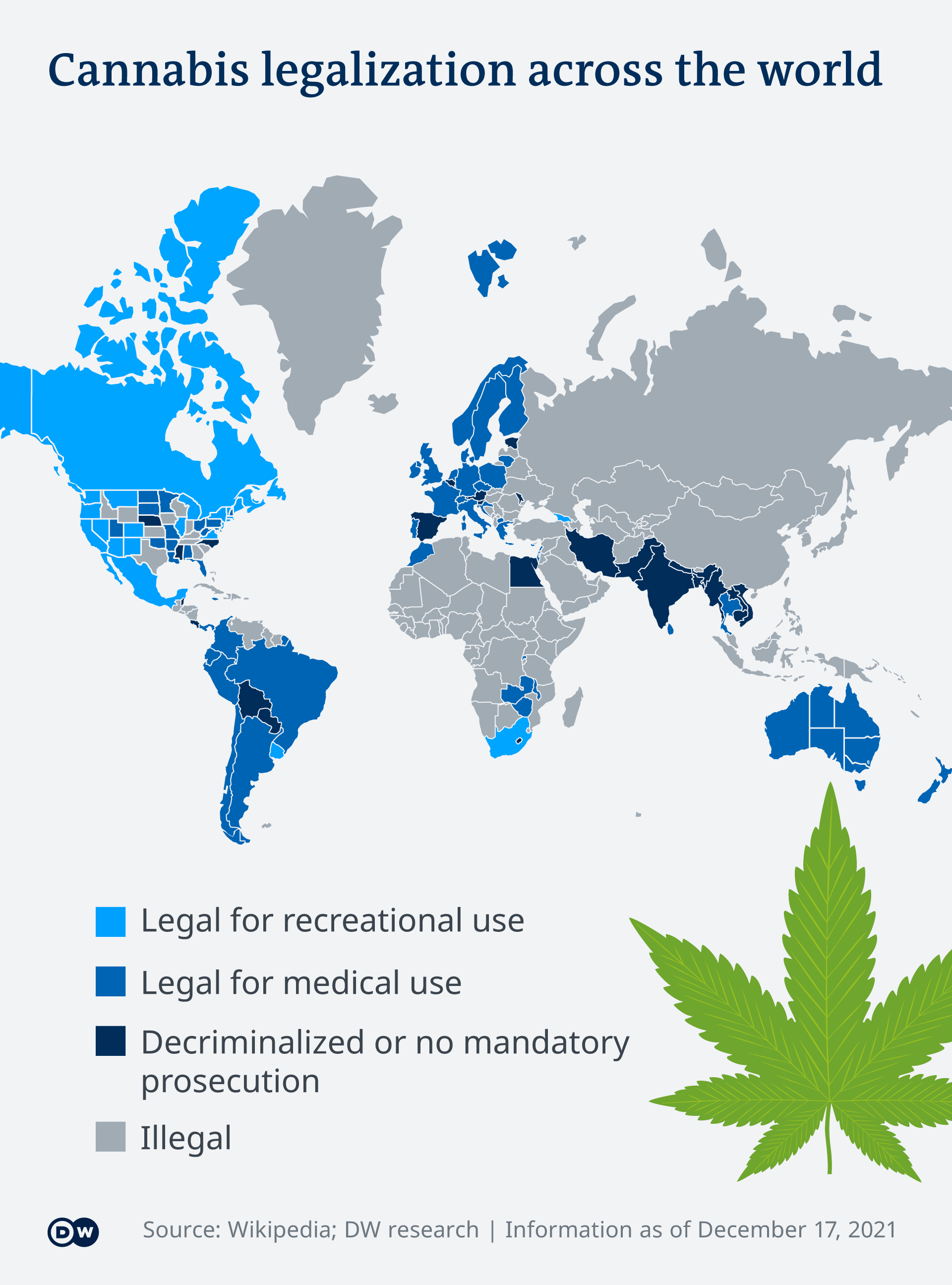 A world map showing which countries have legalized marijuana use