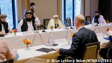 Taliban representatives Abdul Hakim Sharaie, Amir Khan Muttaqi, Mutiul Haq Nabi Kheel and Sharafuddin Muslim attend the meeting with Norwegian officials at the Soria Moria hotel in Oslo, Norway January 25, 2022. NTB/Stian Lysberg Solum/via REUTERS ATTENTION EDITORS - THIS IMAGE WAS PROVIDED BY A THIRD PARTY. NORWAY OUT. NO COMMERCIAL OR EDITORIAL SALES IN NORWAY.