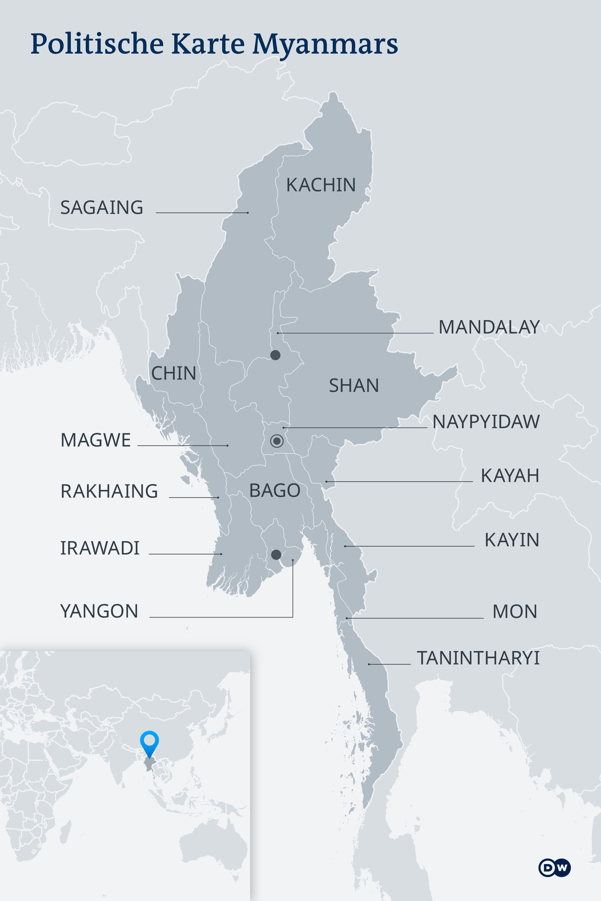 缅甸各邦地图。实皆地区位于缅甸北部。