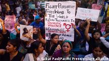 Women protest against gender-based violence and patriarchy and demand criminalization of marital rape at a demonstration in Kolkata, India