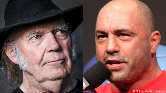 Neil Young wearing a hat and Joe Rogan speaking into a microphone.