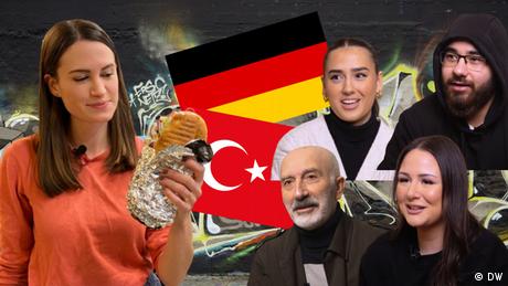 Rachel Stewart hält einen Döner in der Hand, dazu in Montage vier türkischstämmige Personen sowie die deutsche und die türkische Flagge