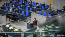 Holocaust survivor Inge Auerbacher speaks during the annual ceremony in memory of Holocaust victims and survivors in the plenary of the Bundestag on January 27, 2022, the International Holocaust Remembrance Day. (Photo by Stefanie LOOS / AFP)