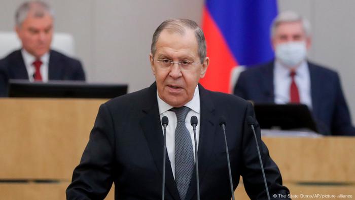 Russian Foreign Minister Sergey Lavrov speaks at the Russian parliament