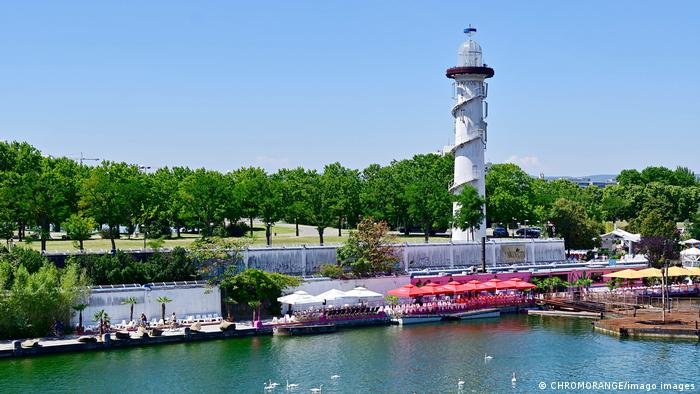The Donau Island shore with a lighthouse.